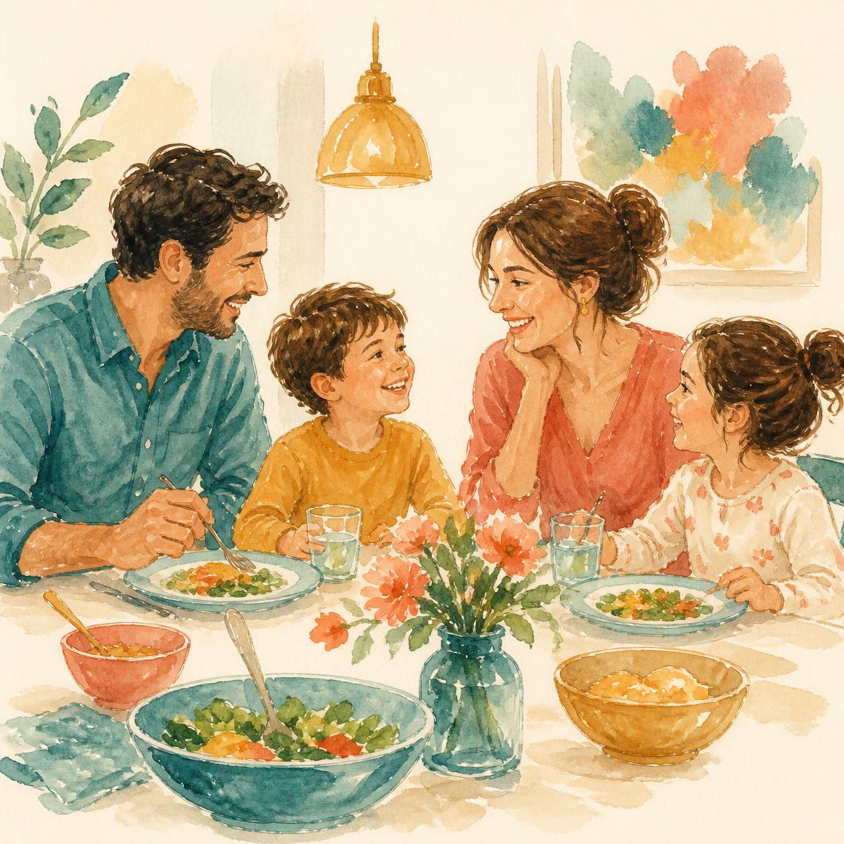Watercolor illustration of a family talking together around the dinner table